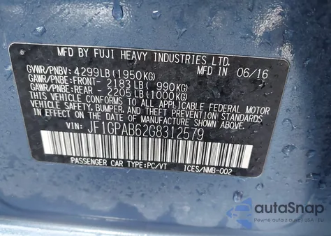 2016 Subaru Impreza 2.0I Premium from USA, damaged, VIN JF1GPAB62G8312579